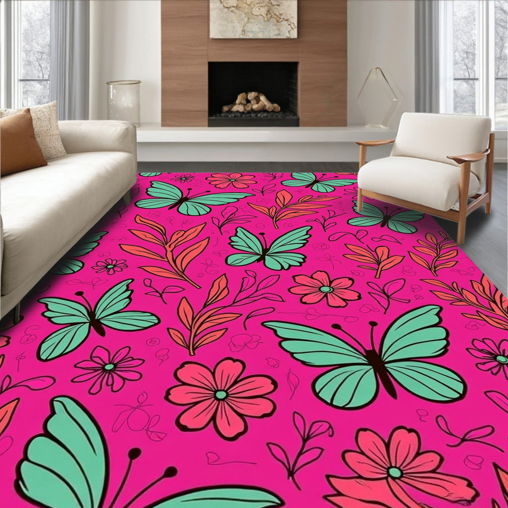 Pink Butterflies Flowers Pattern Rug