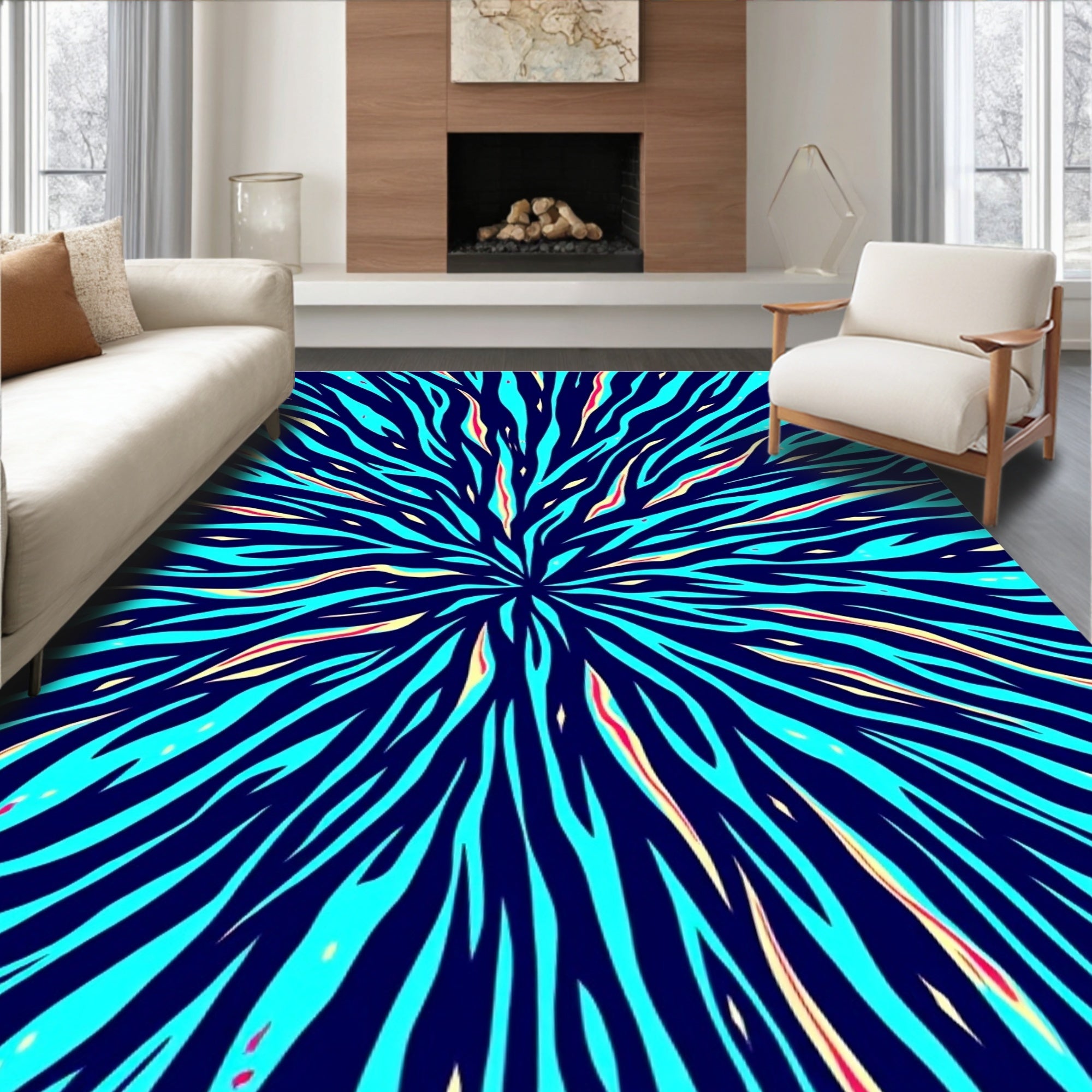 Radiating Blue Zebra Stripe Blast Rug