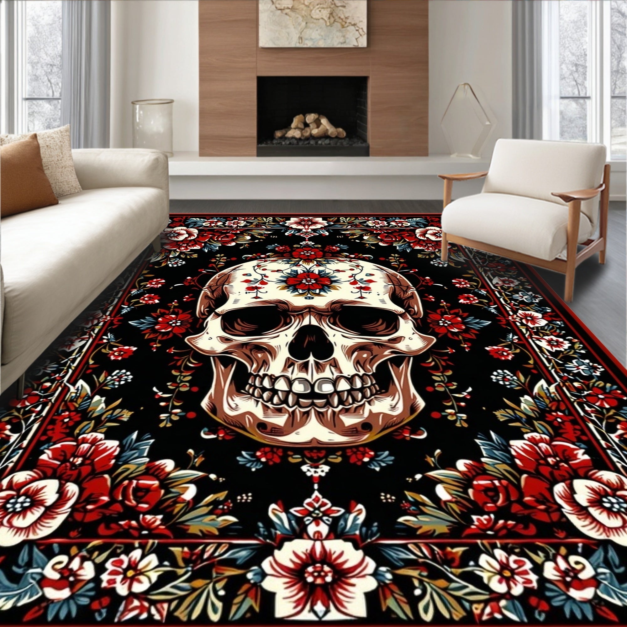 Bold Skull Floral Pattern Rug