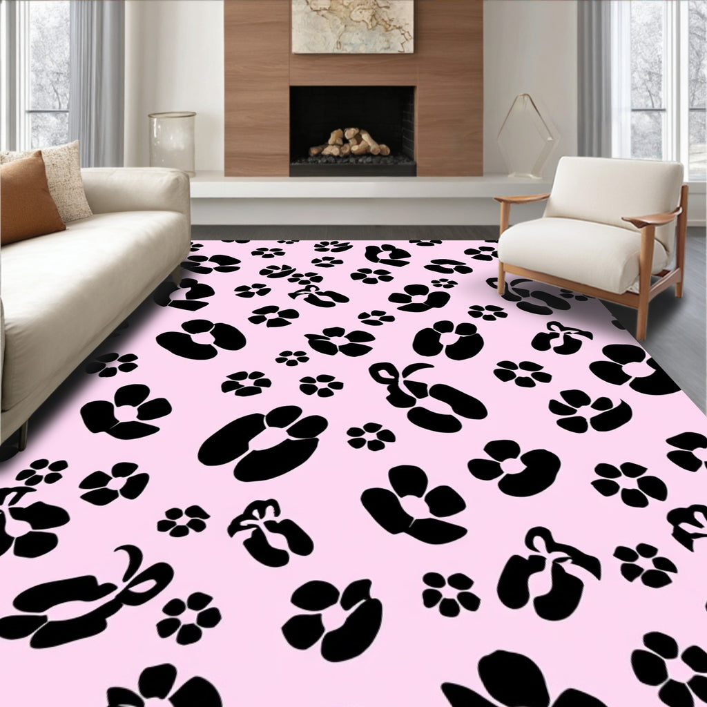 Pink Black Floral Print Rug