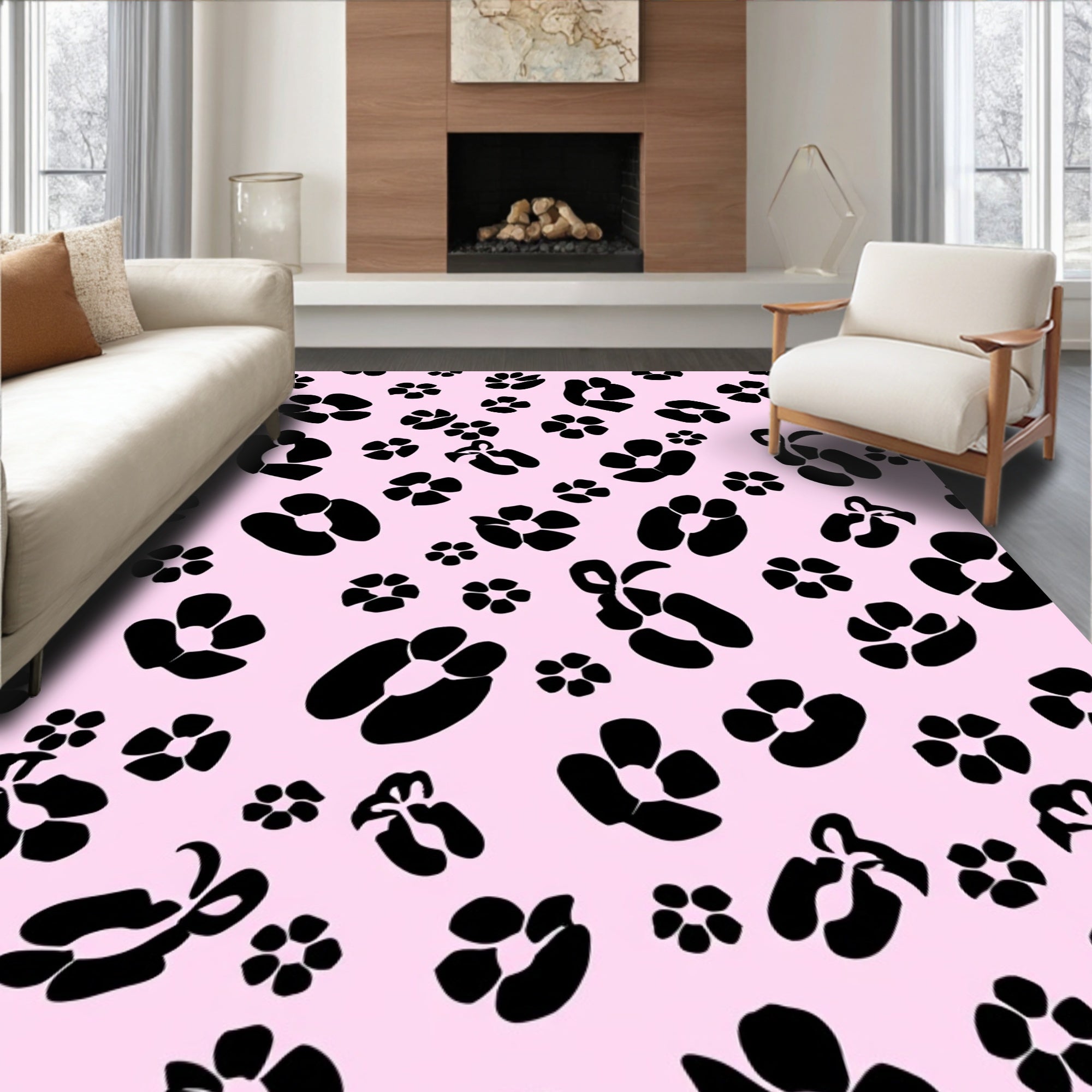 Pink Black Floral Print Rug