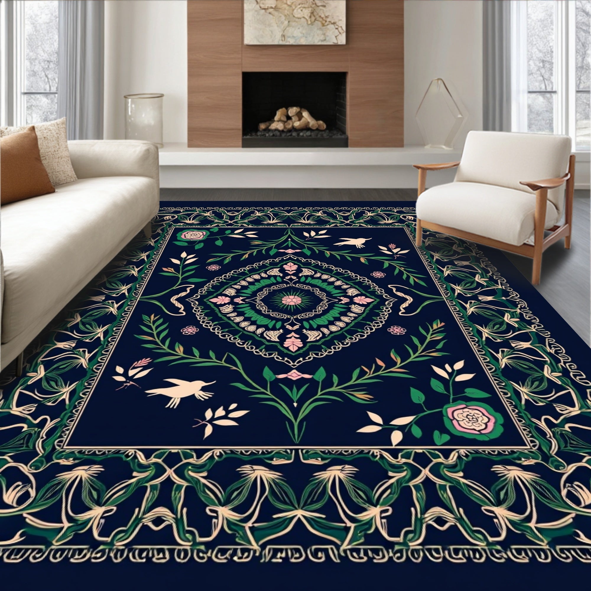 Floral Birds With Intricate Scrollwork Design Rug