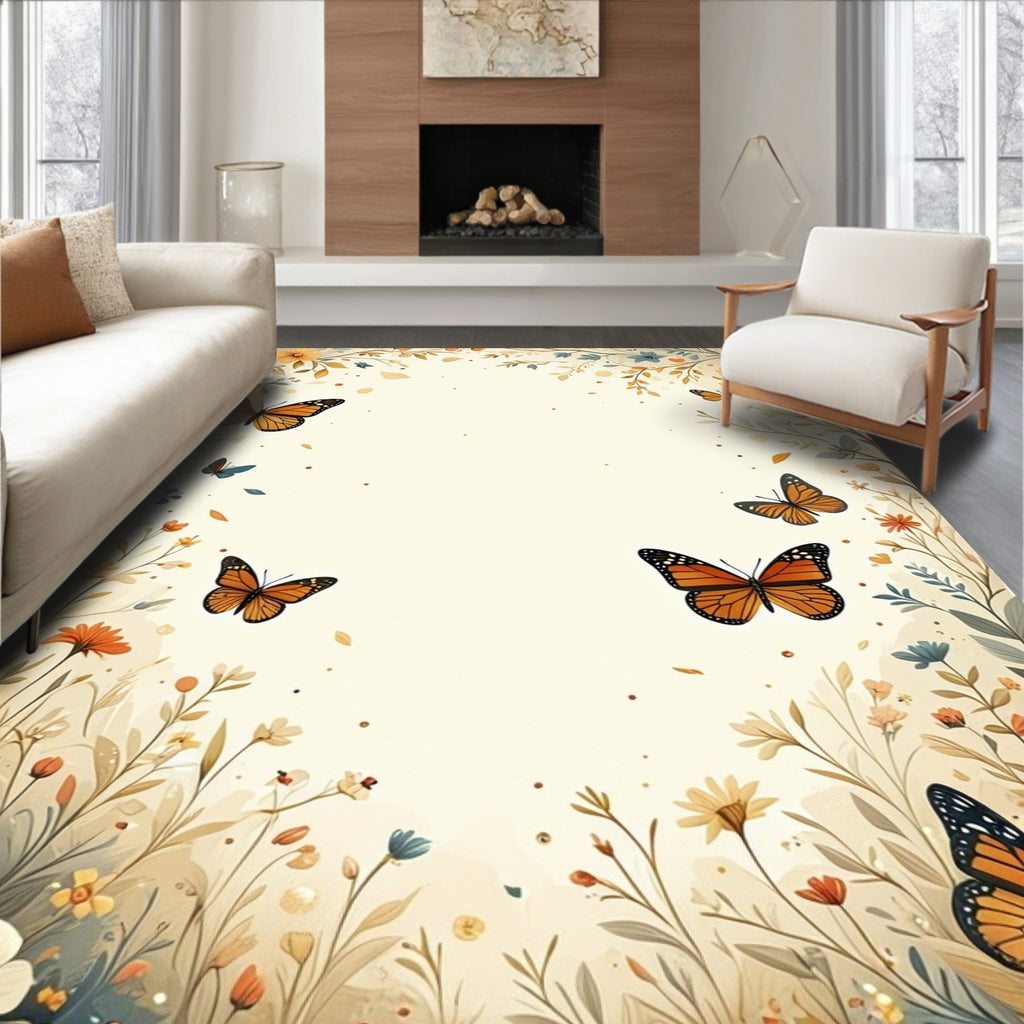 Floral Butterfly Meadow Whimsical Design Rug