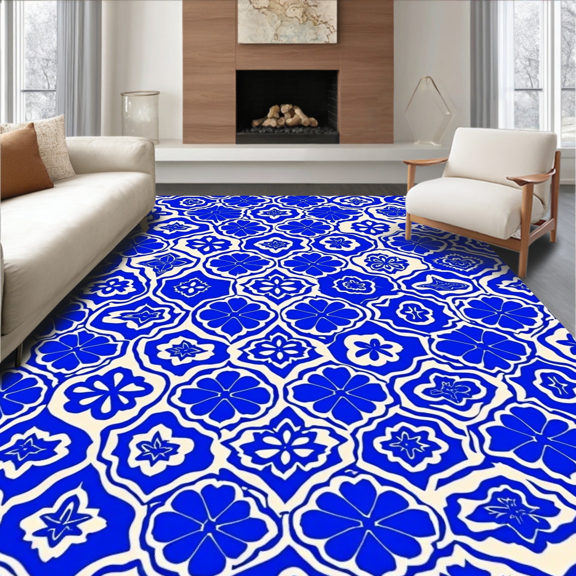Blue Cream Floral Pattern Harmony Rug