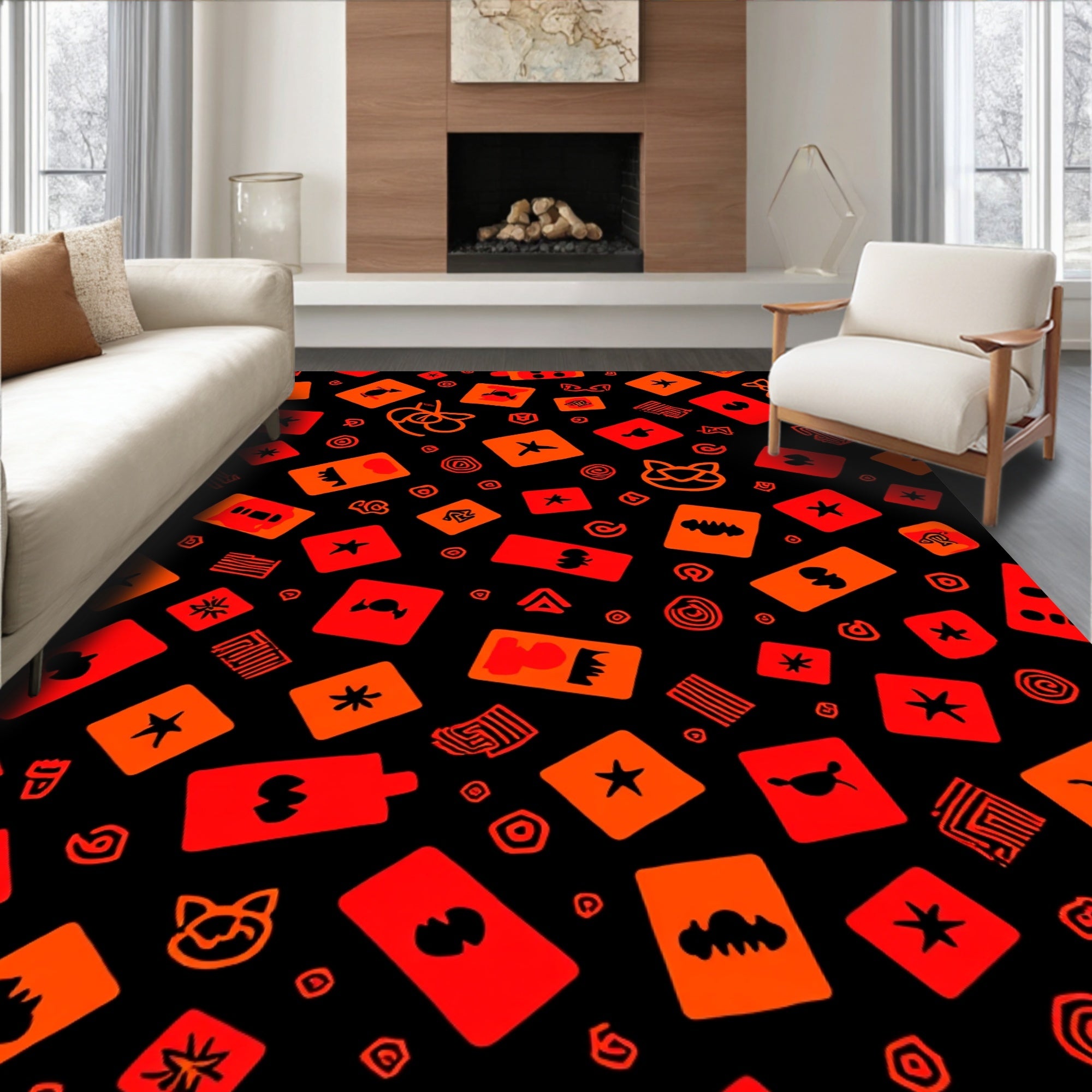 Abstract Red Orange Square Pattern Rug