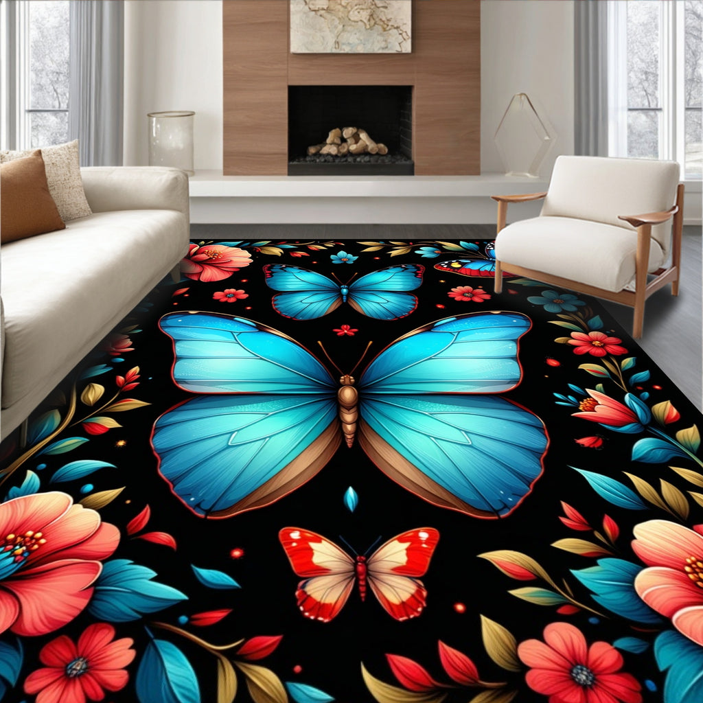 Vibrant Butterfly Floral Garden Design Rug