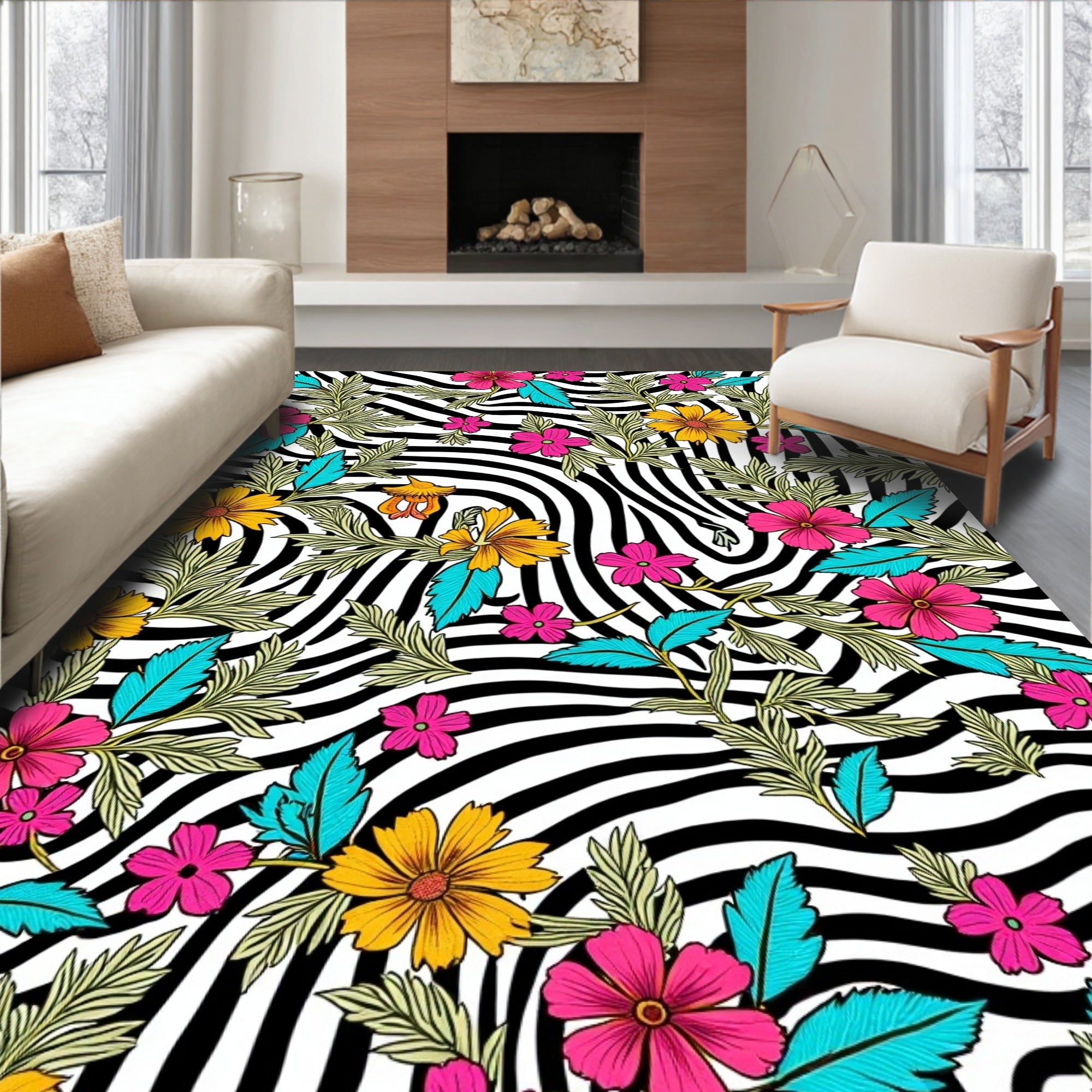 Floral Zebra Print Whimsical Design Rug