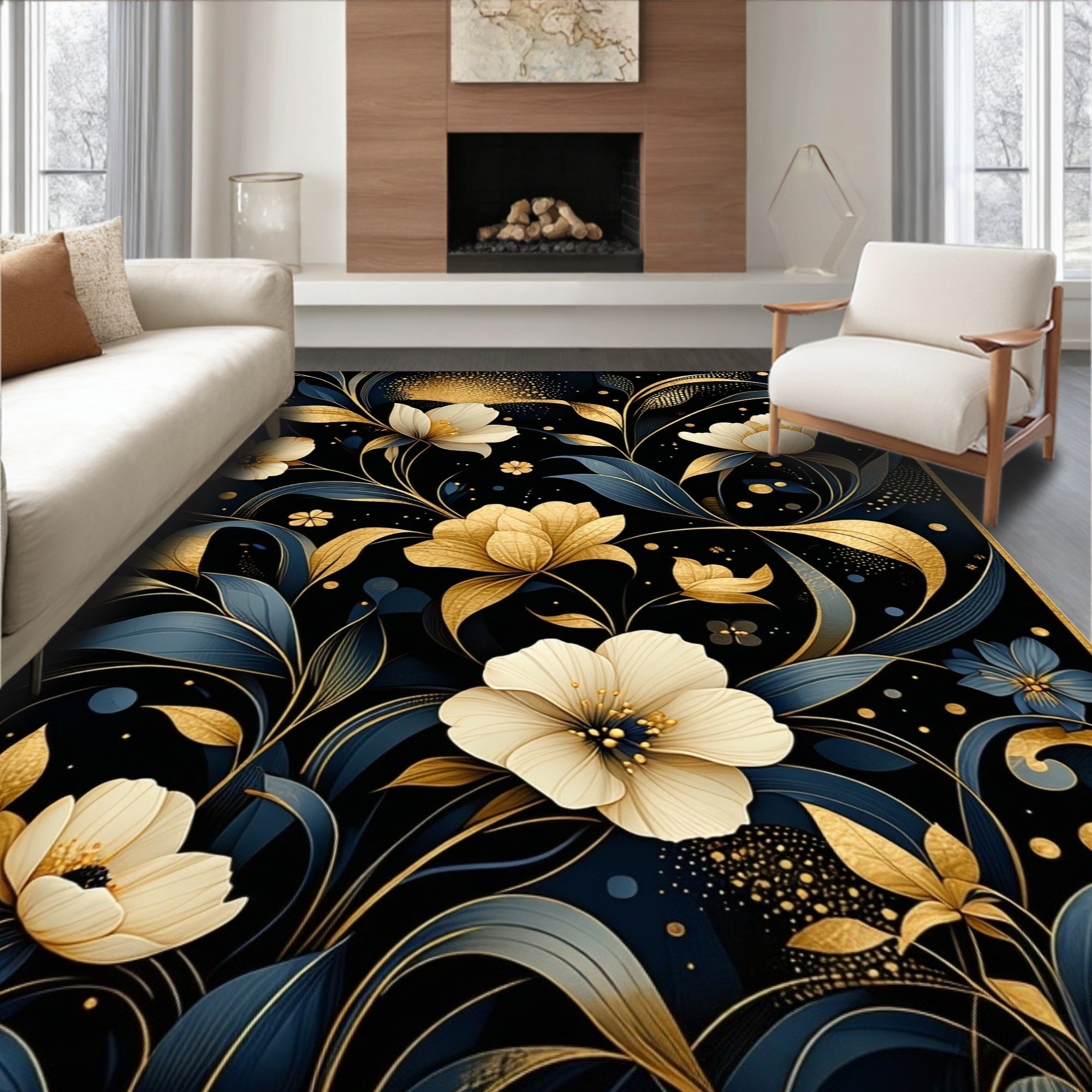 Elegant Floral Vines With Gold Accents Rug
