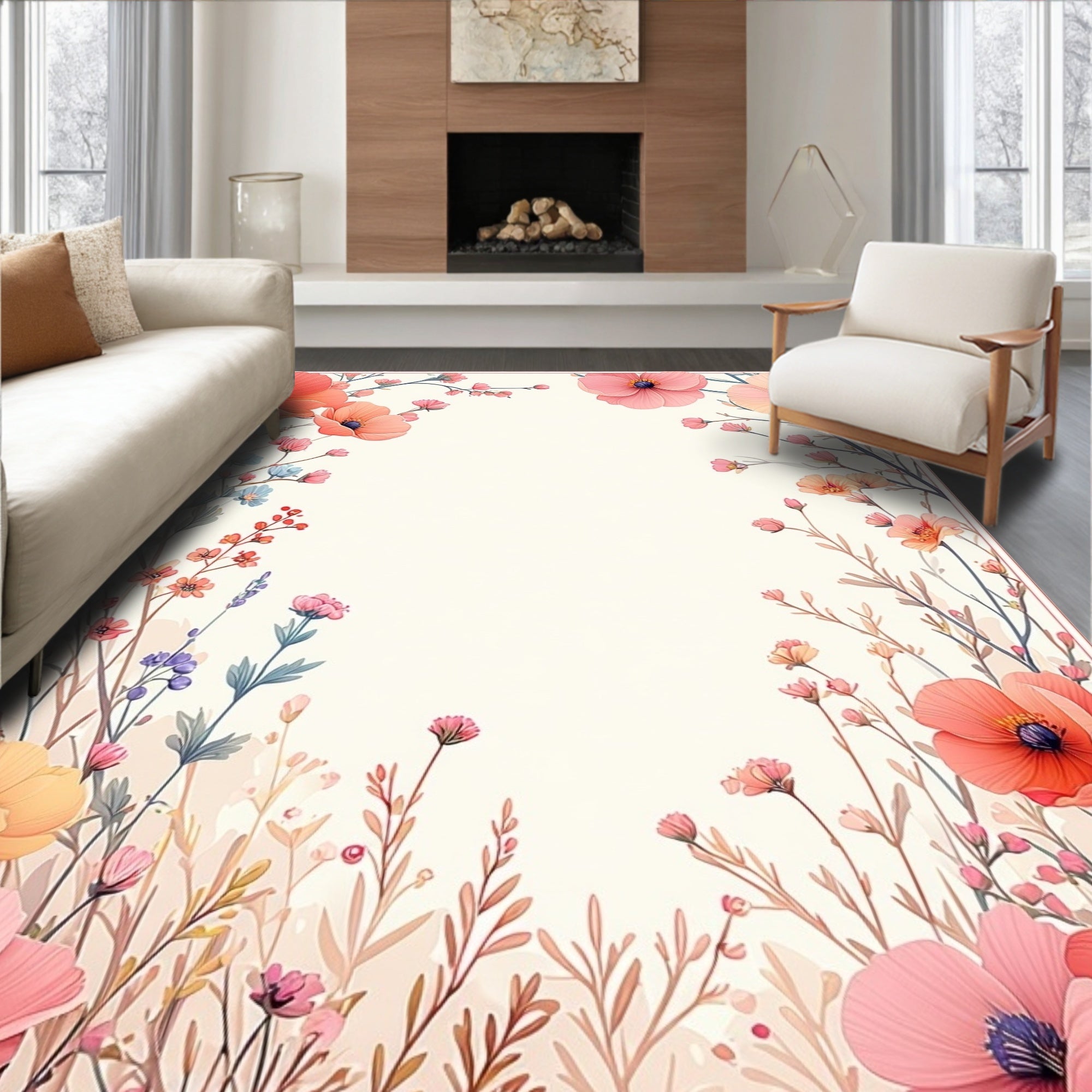 Whimsical Floral Branches Pink Peach Rug