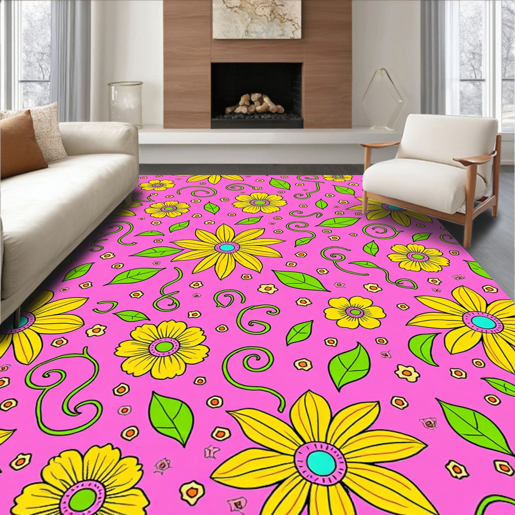 Vibrant Yellow Pink Flower Garden Rug