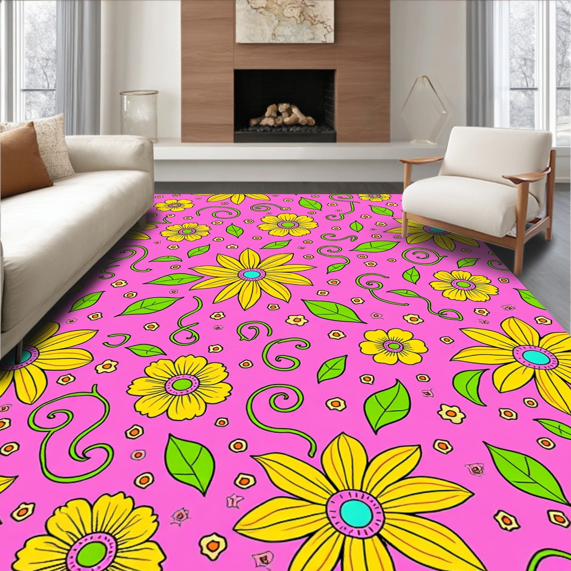 Vibrant Yellow Pink Flower Garden Rug