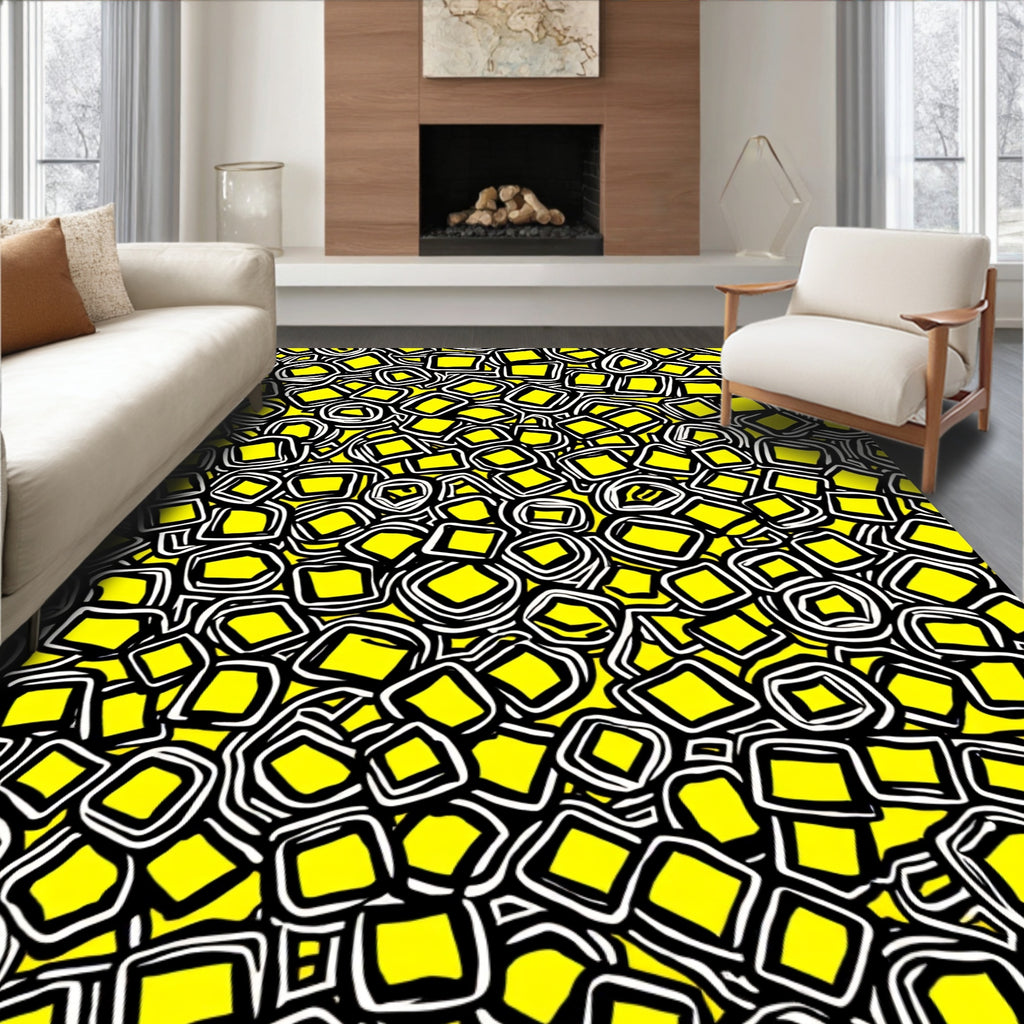 Abstract Yellow Square Pattern Rug