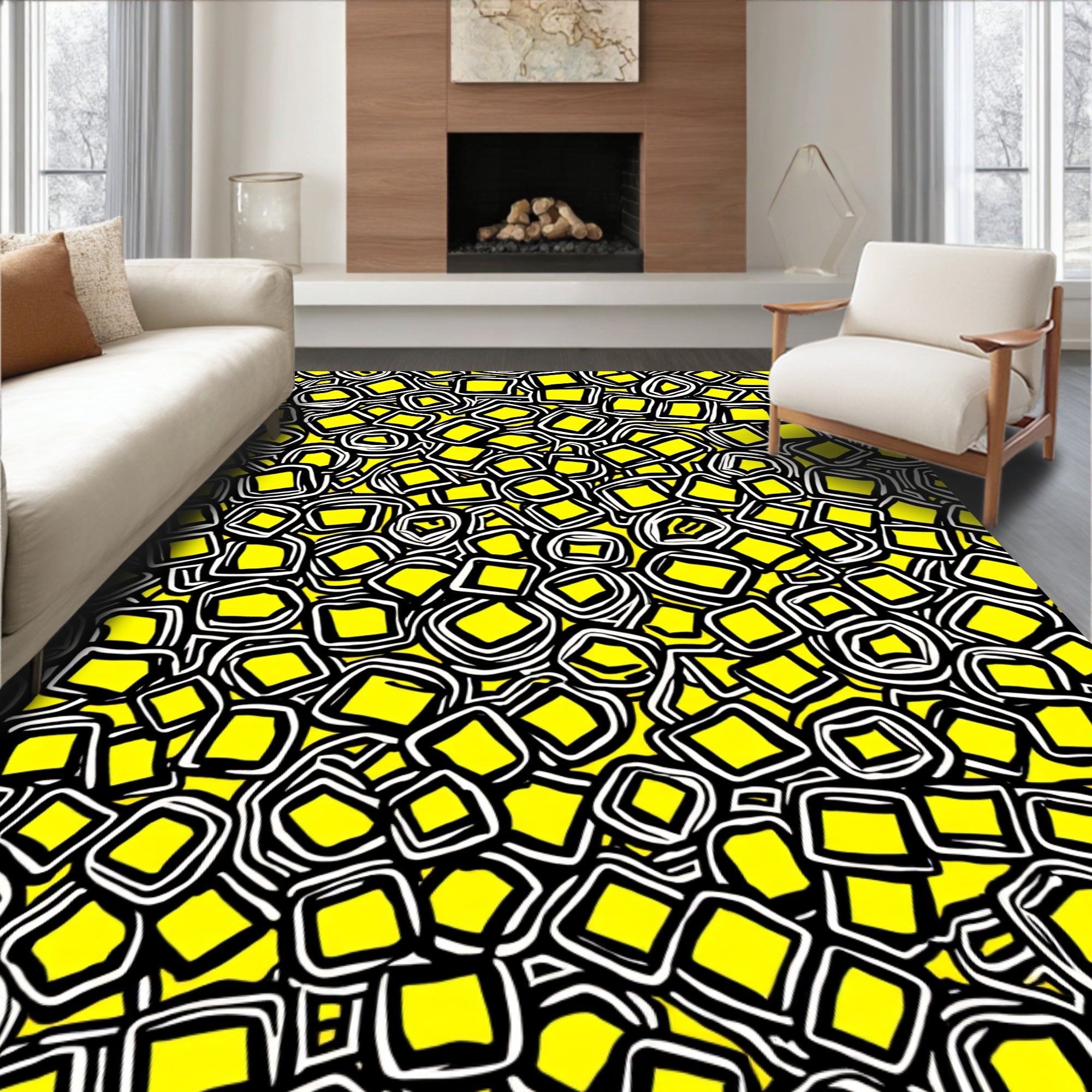 Abstract Yellow Square Pattern Rug