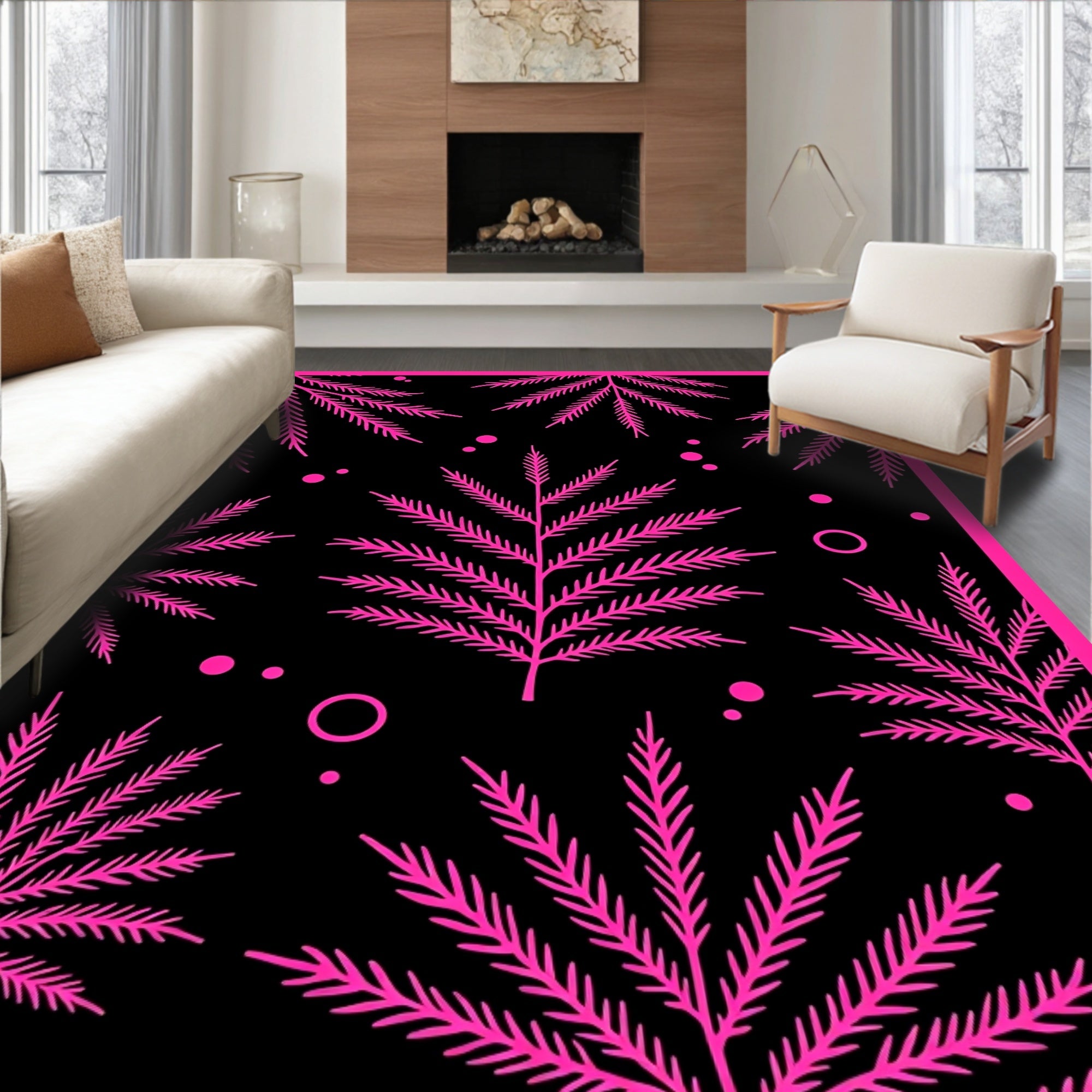 Bold Hot Pink Palm Leaves on Black Rug