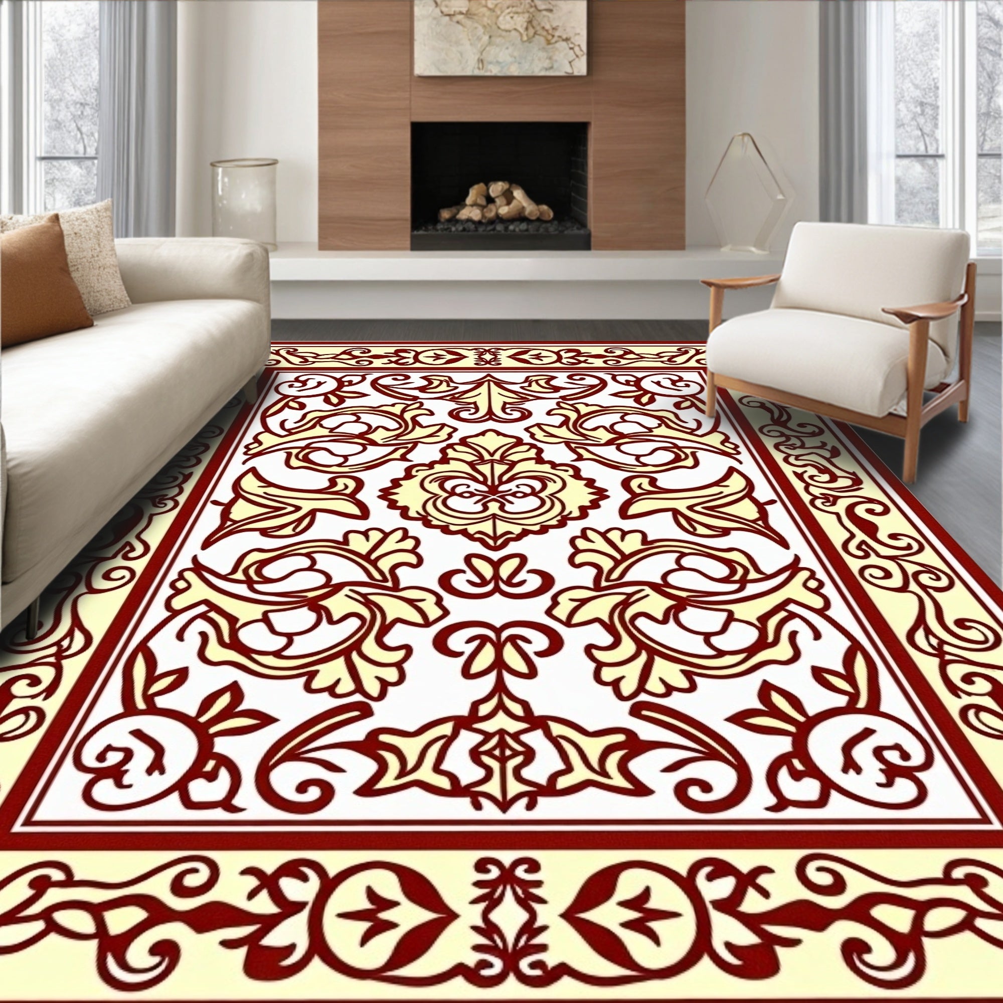 Ornate Red and Gold Floral Pattern Rug