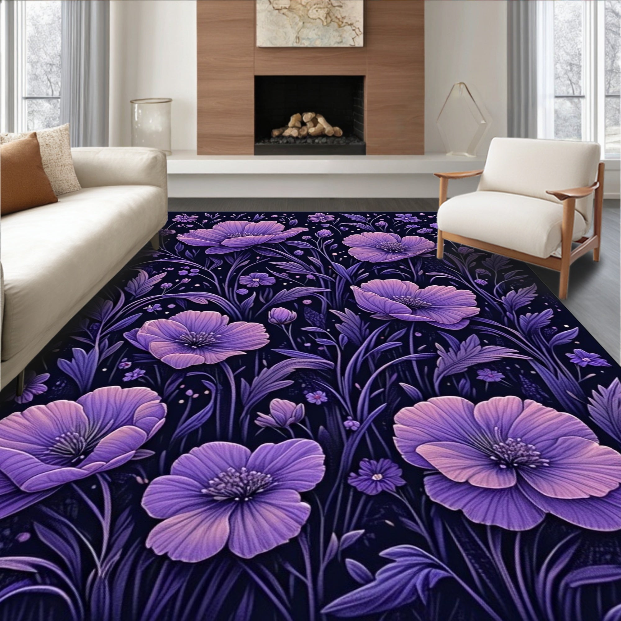 Dark Floral Purple Bloom Design Rug
