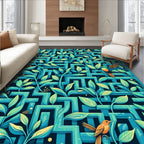 Abstract Teal Geometric Garden Birds Rug