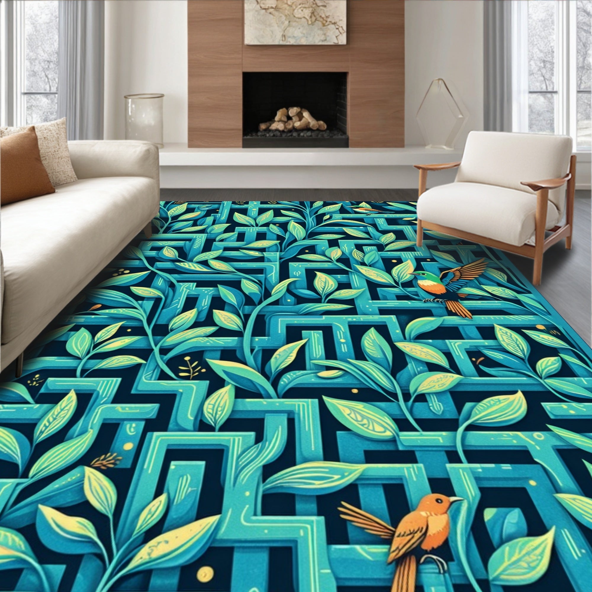 Abstract Teal Geometric Garden Birds Rug