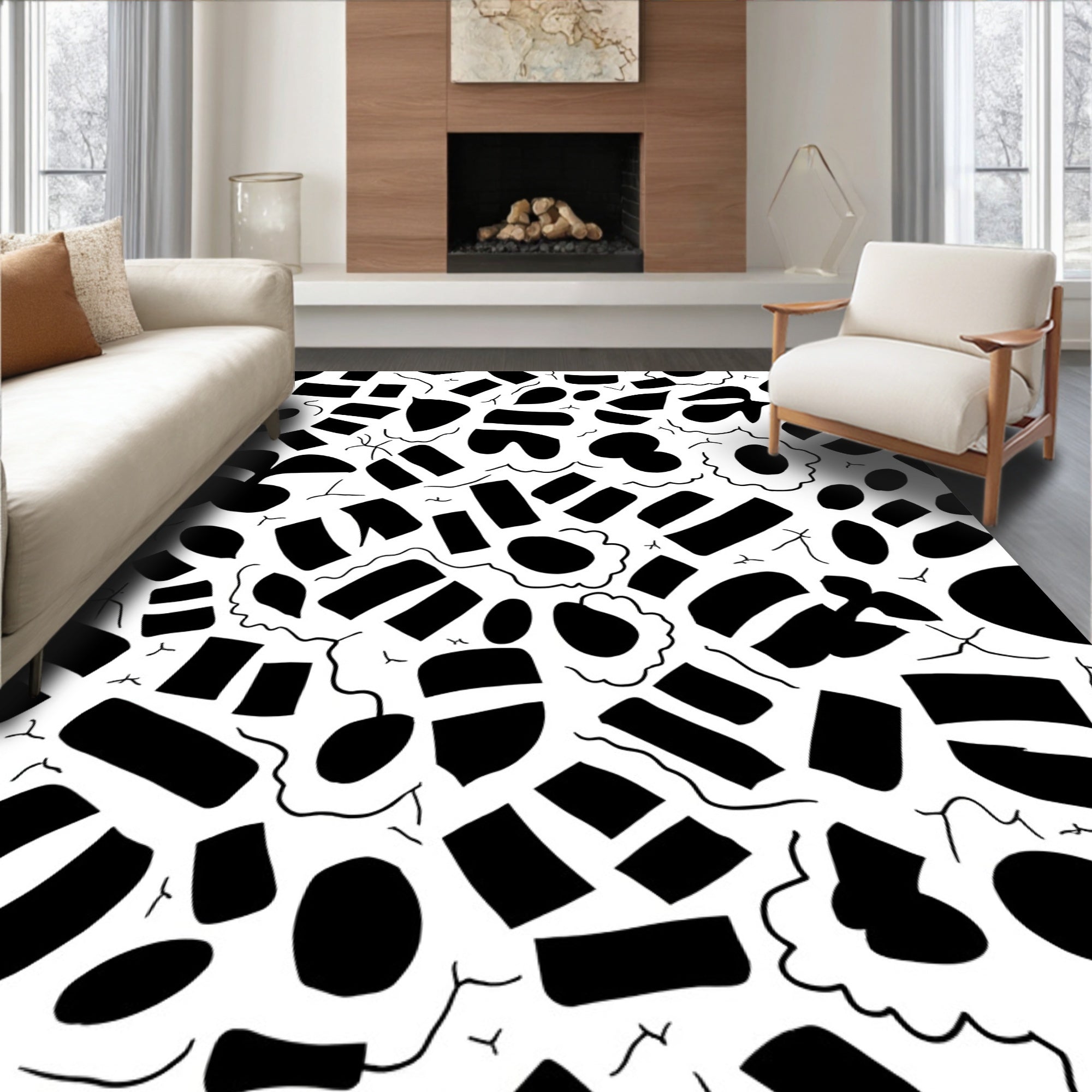 Abstract Black Shapes Organic Pattern Rug