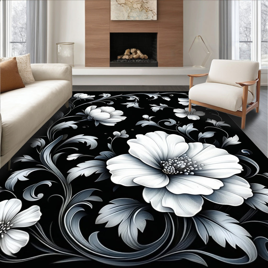 Ornate Black White Floral Scroll Rug
