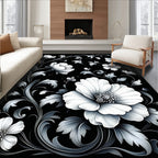 Ornate Black White Floral Scroll Rug