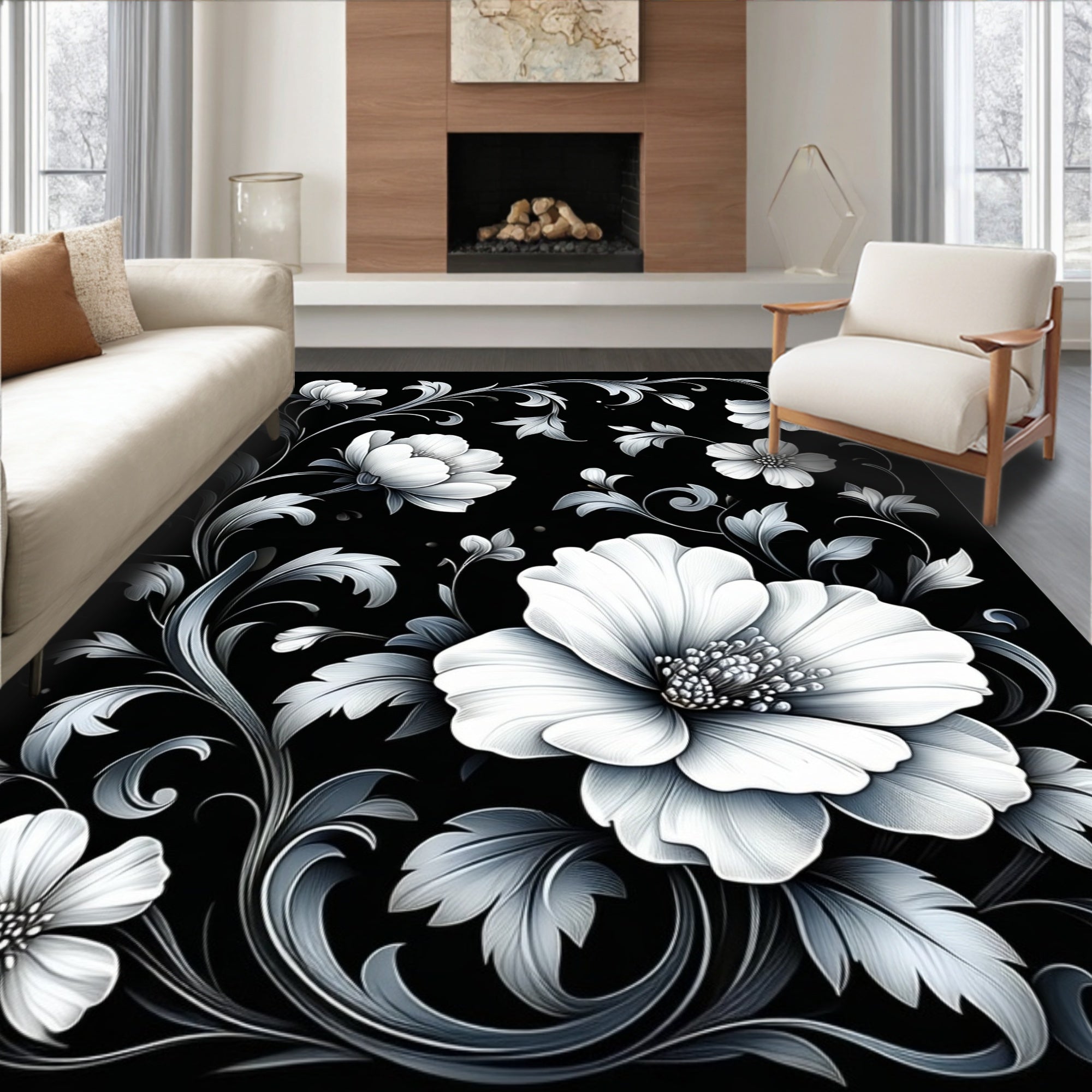 Ornate Black White Floral Scroll Rug