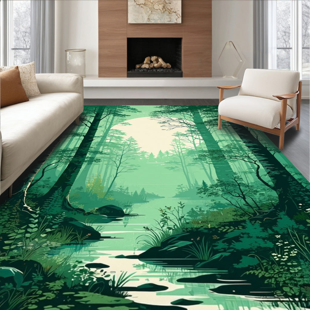 Misty Forest Calm Water Scene Rug