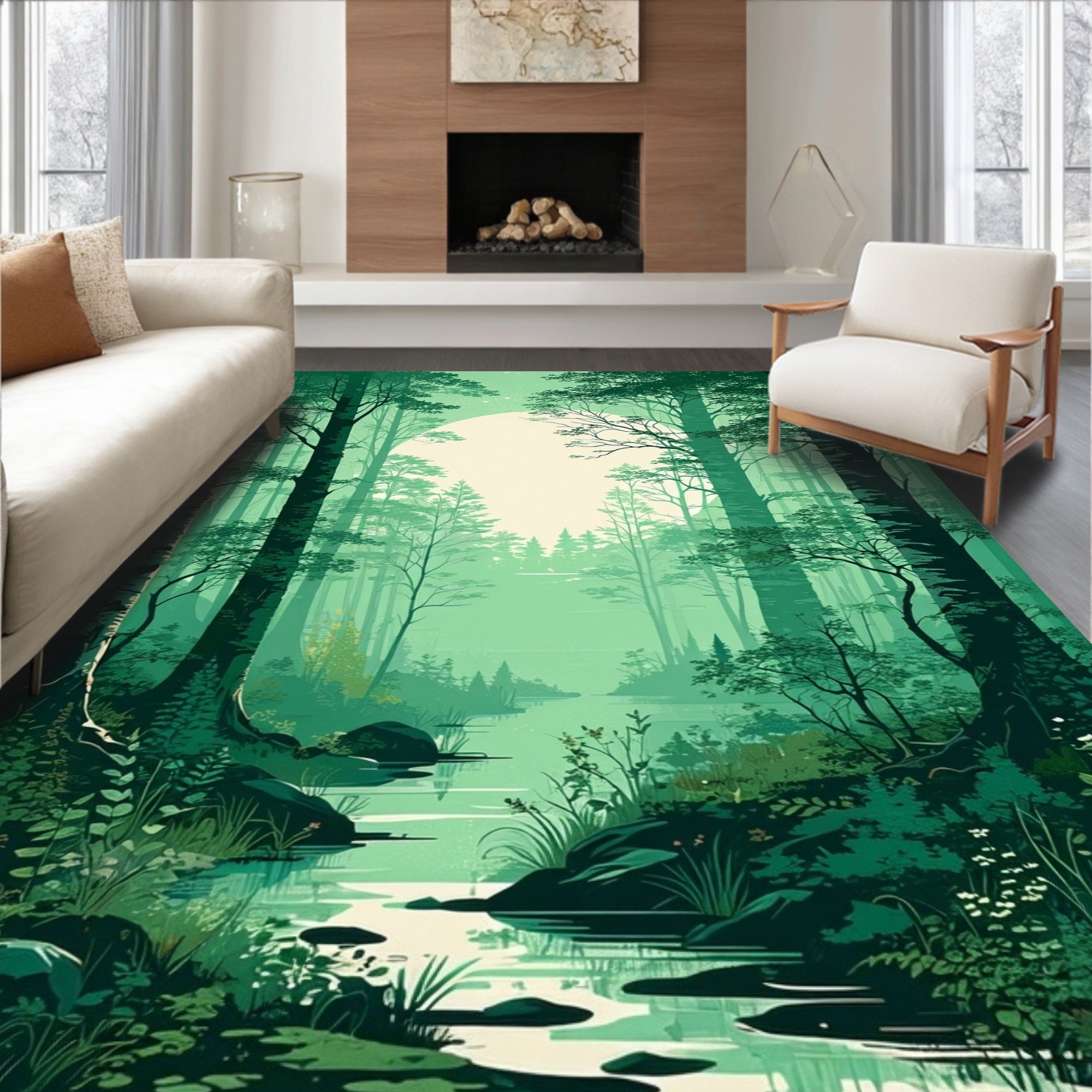 Misty Forest Calm Water Scene Rug