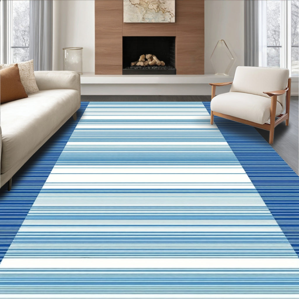 Striped Blue White Geometric Pattern Rug