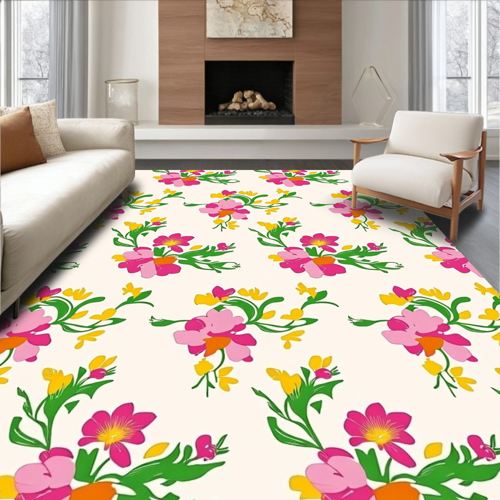 Vibrant Pink Yellow Floral Pattern Rug