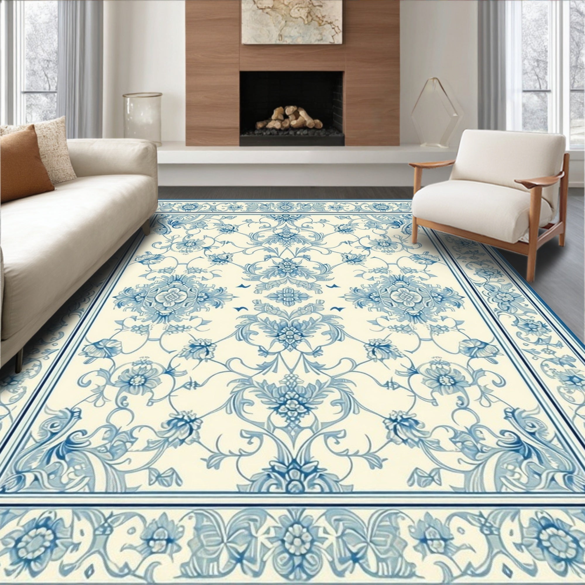 Classic Blue Floral Ornamental Rug