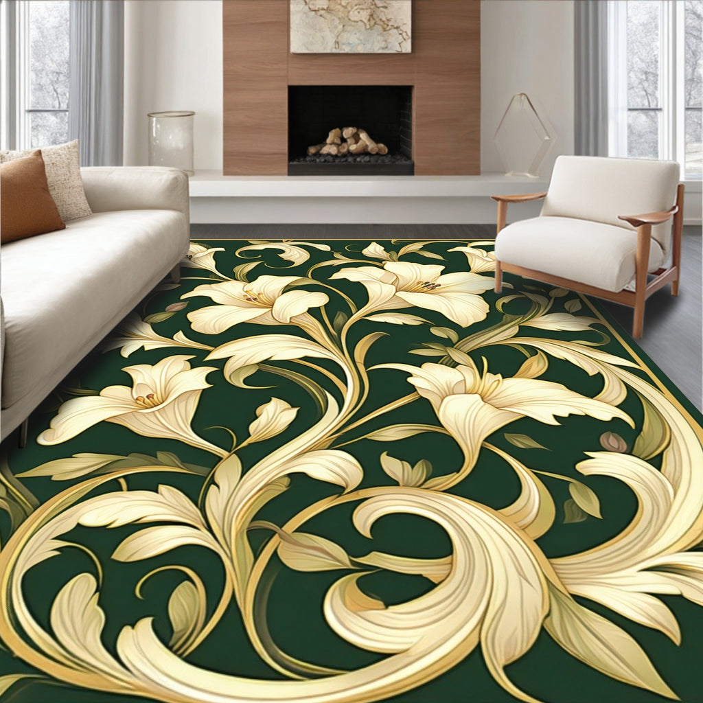 Elegant Cream Lily Floral Pattern Rug