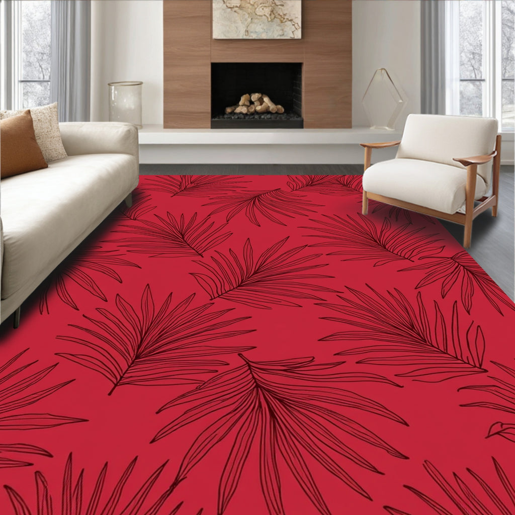 Bold Red Palm Leaf Pattern Design Rug