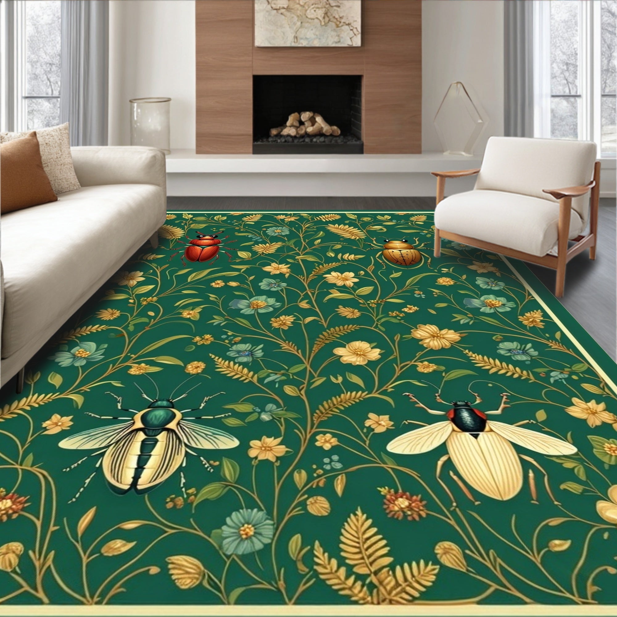 Emerald Green Floral Insect Pattern Rug
