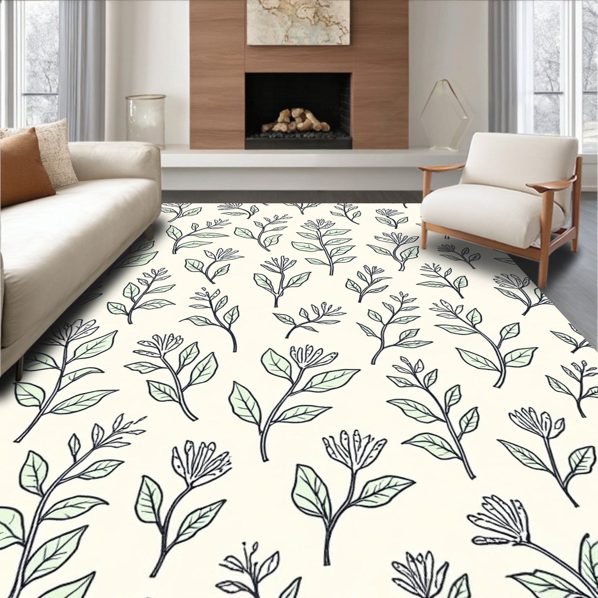 Botanical Leaves Stems Floral Design Rug