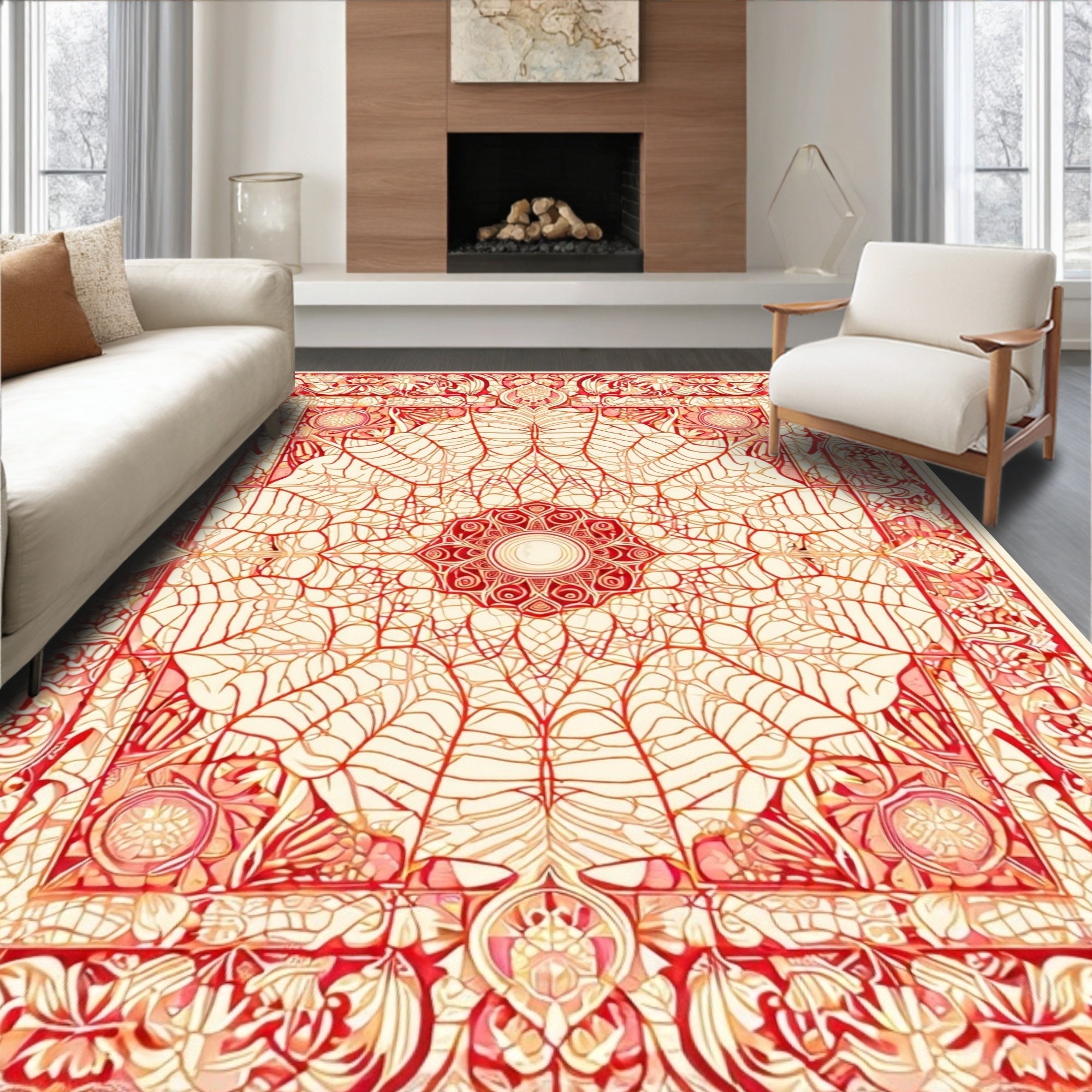 Red Abstract Floral Mandala Design Rug