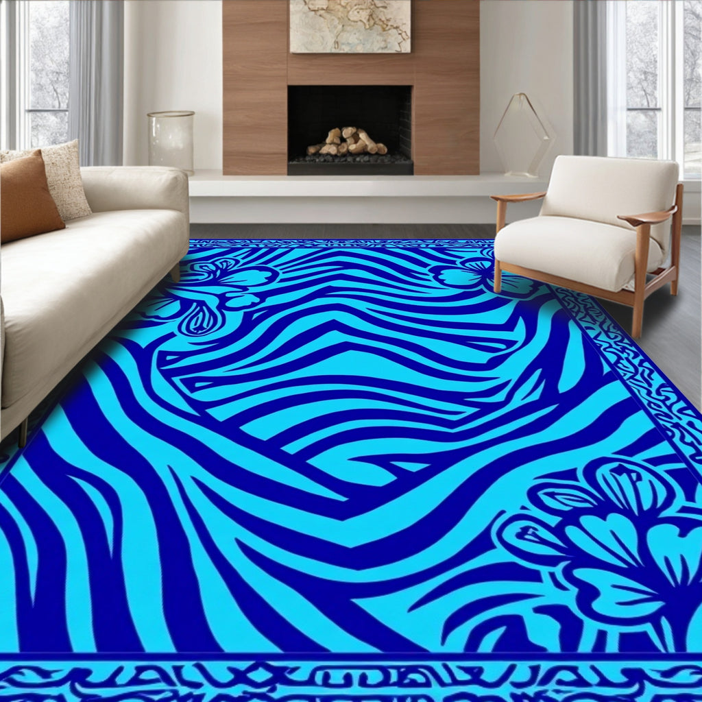 Bold Blue Floral Zebra Stripes Design Rug