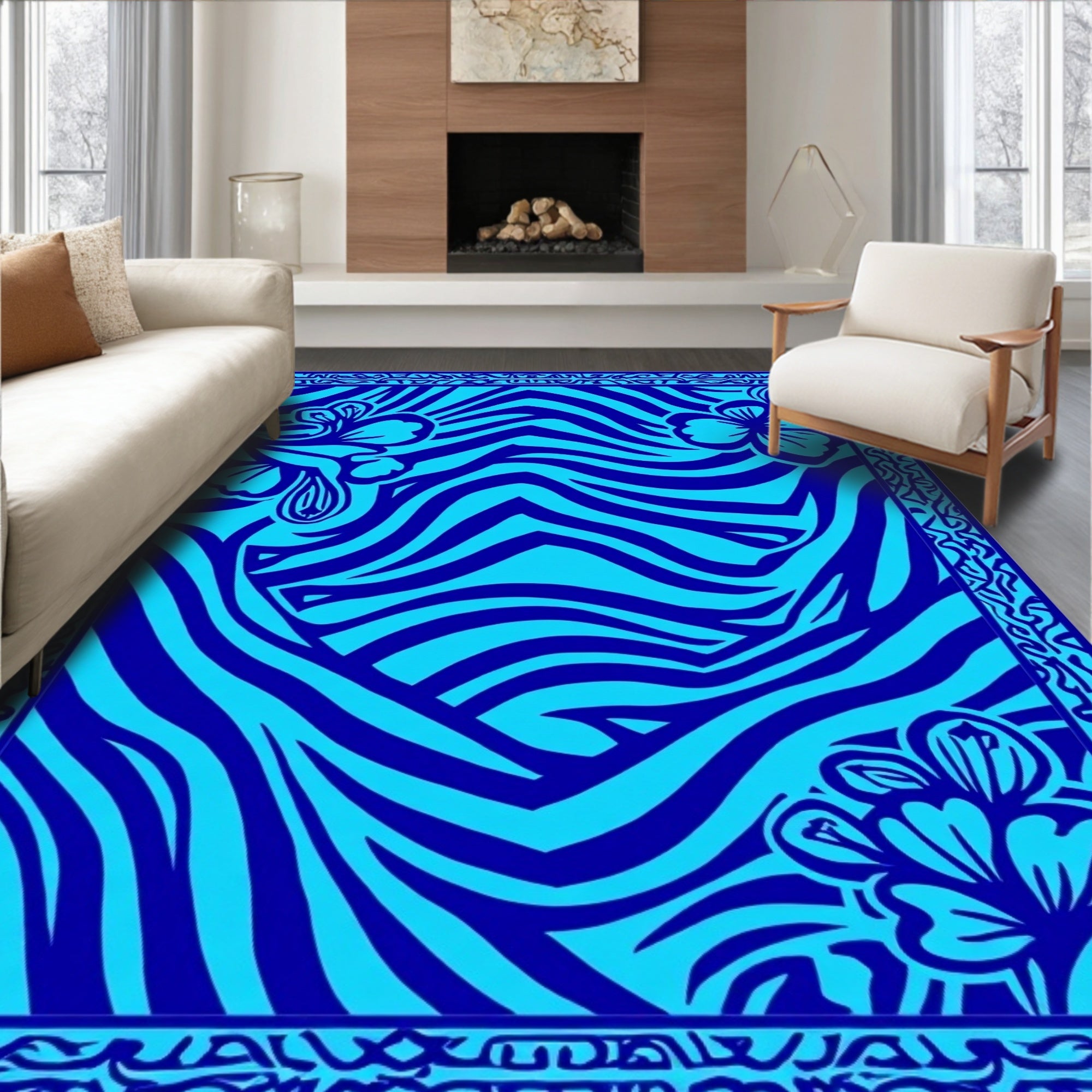 Bold Blue Floral Zebra Stripes Design Rug