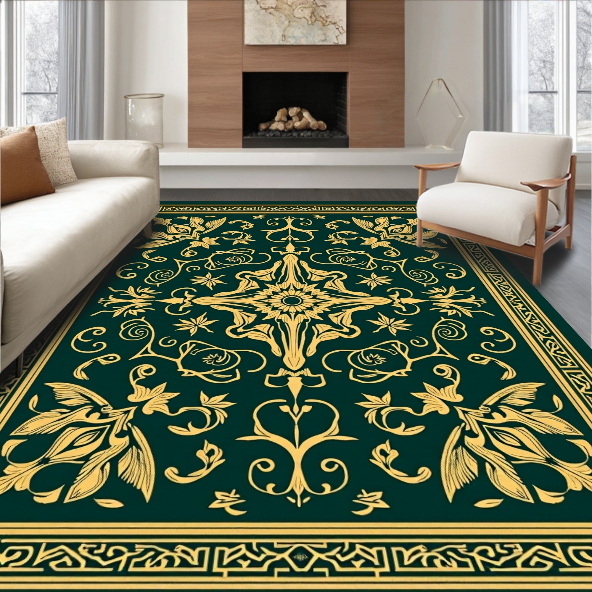 Golden Floral Art Nouveau Border Design Rug