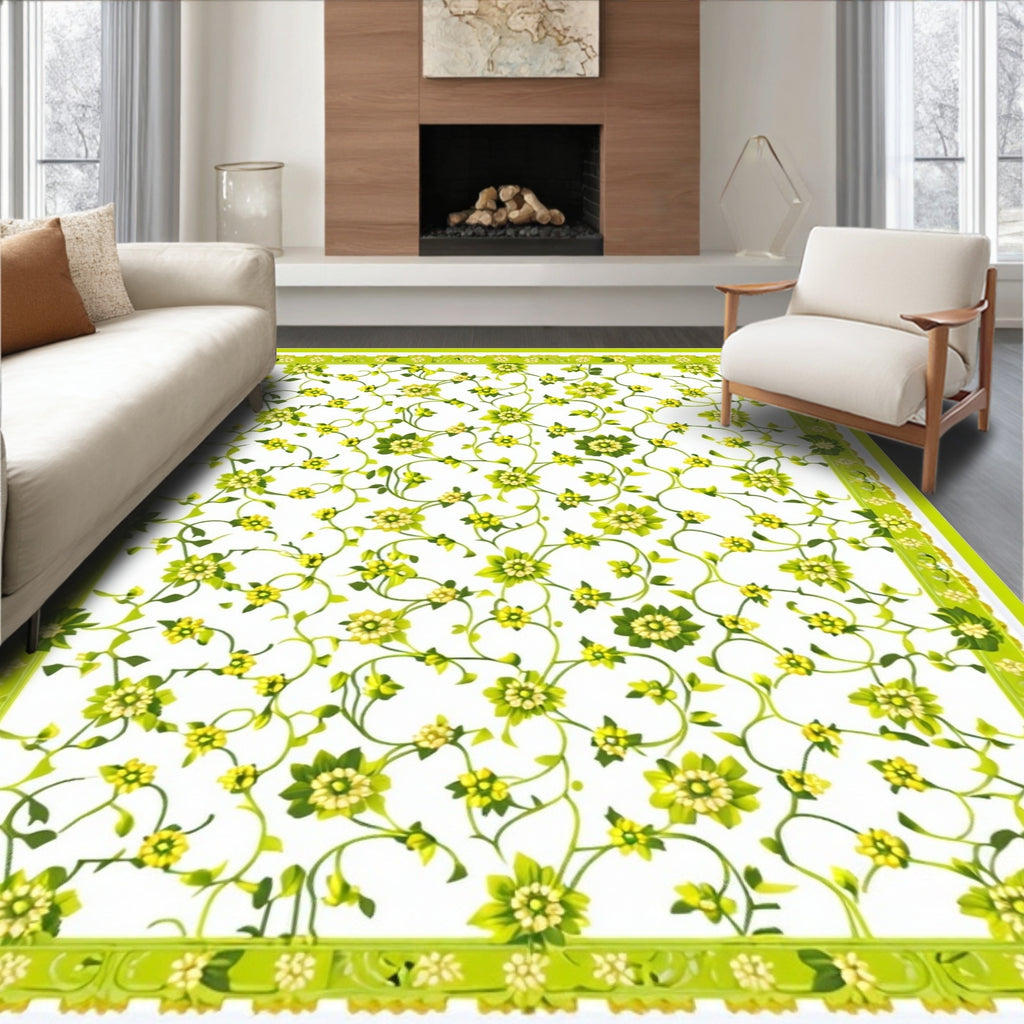 Delicate Green Floral Vine Pattern Rug
