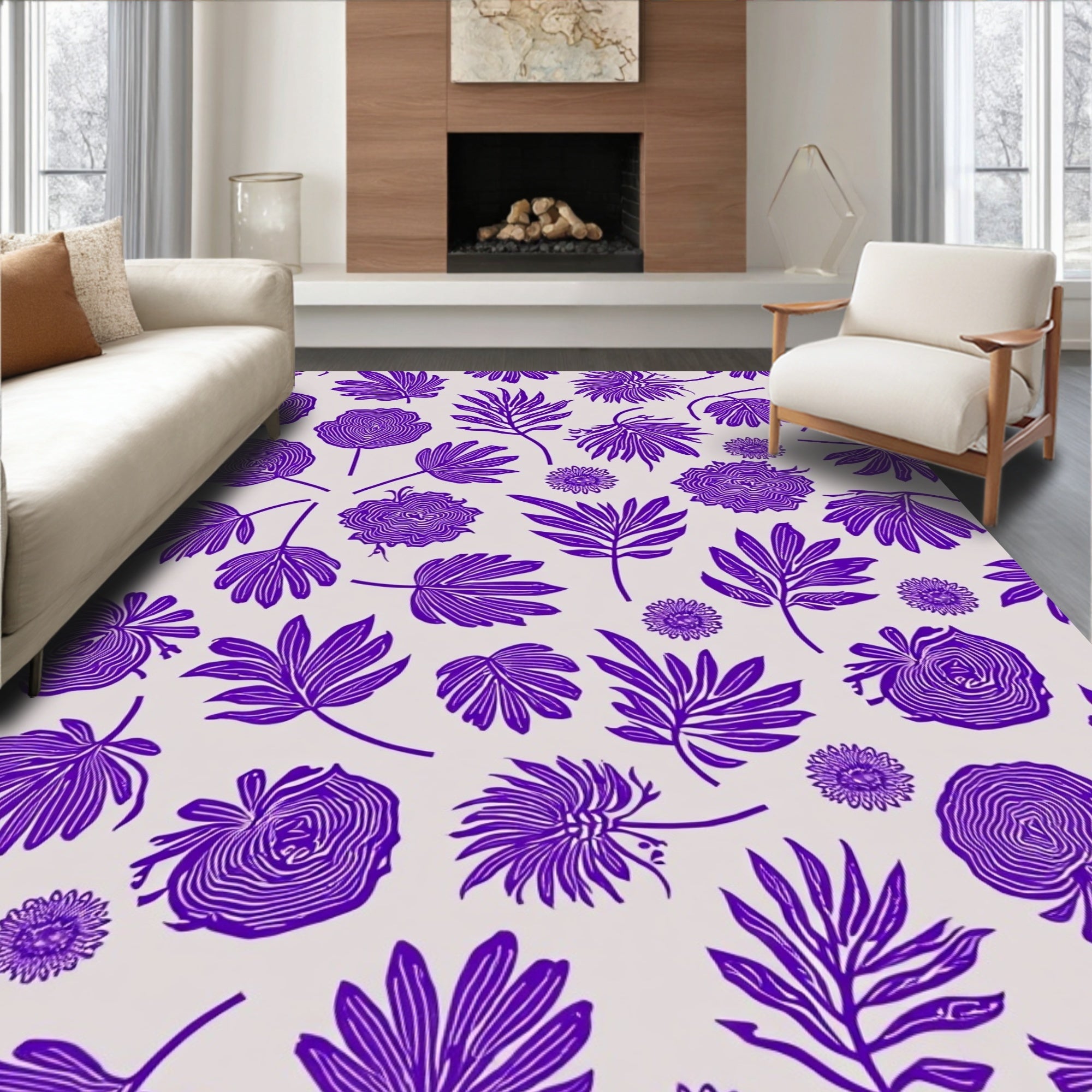 Purple Floral Leaf Pattern Rug