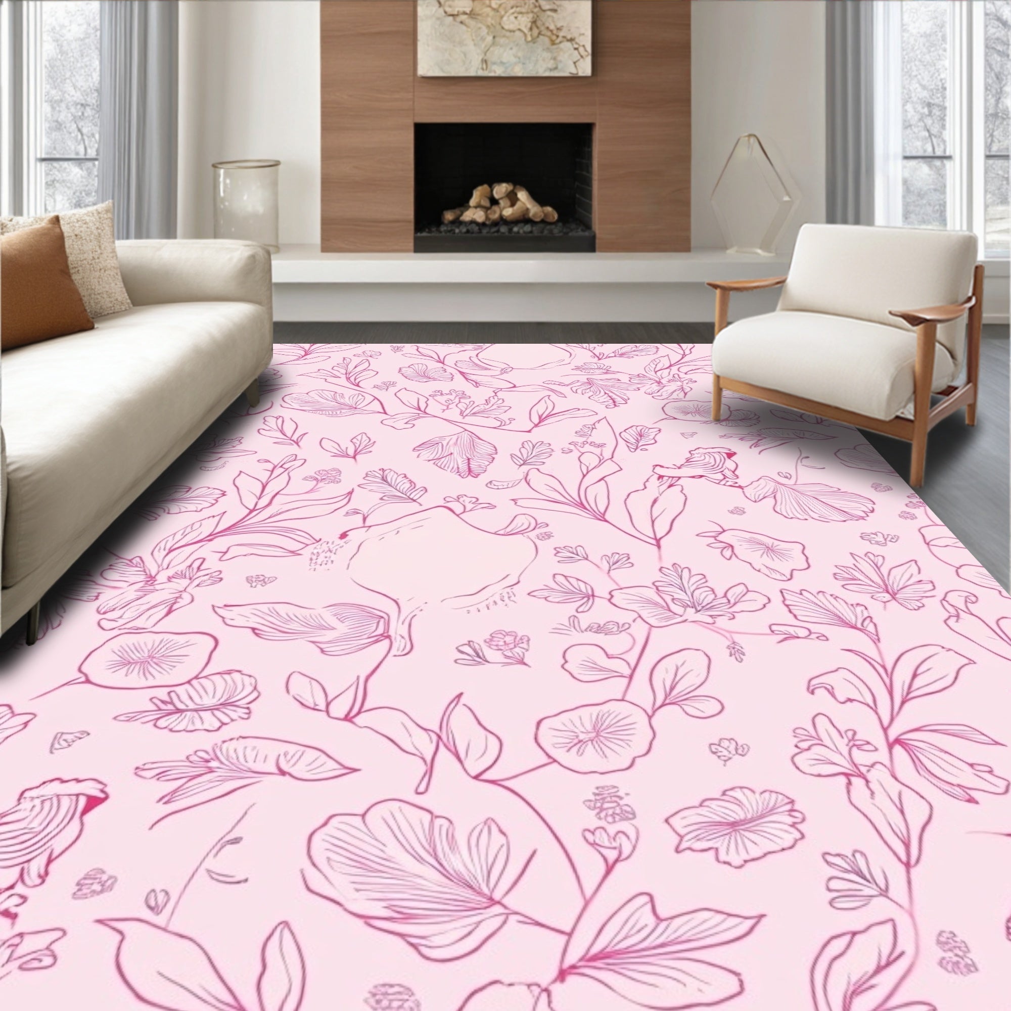 Pink Floral Outline And Botanical Sketch Rug
