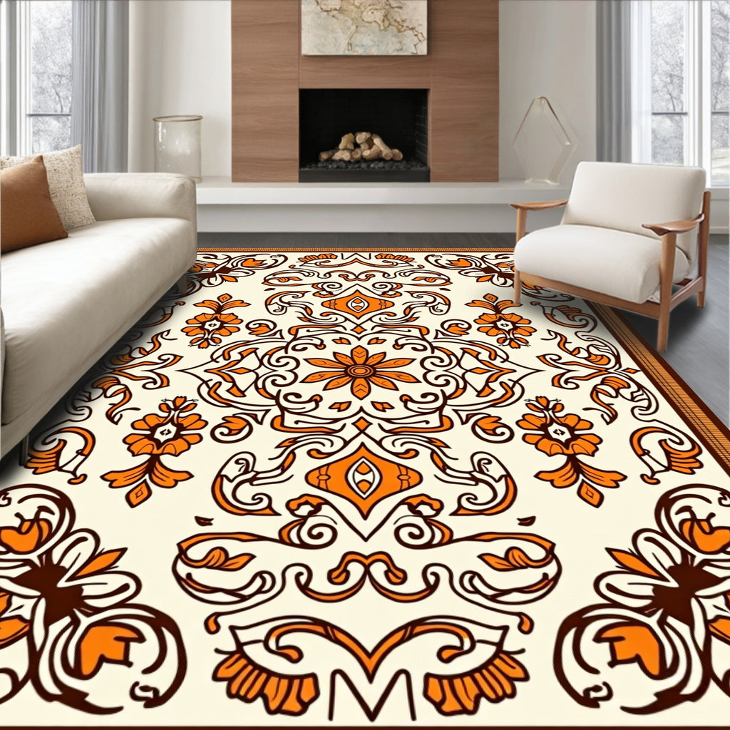 Orange Floral Scrollwork Symmetry Rug