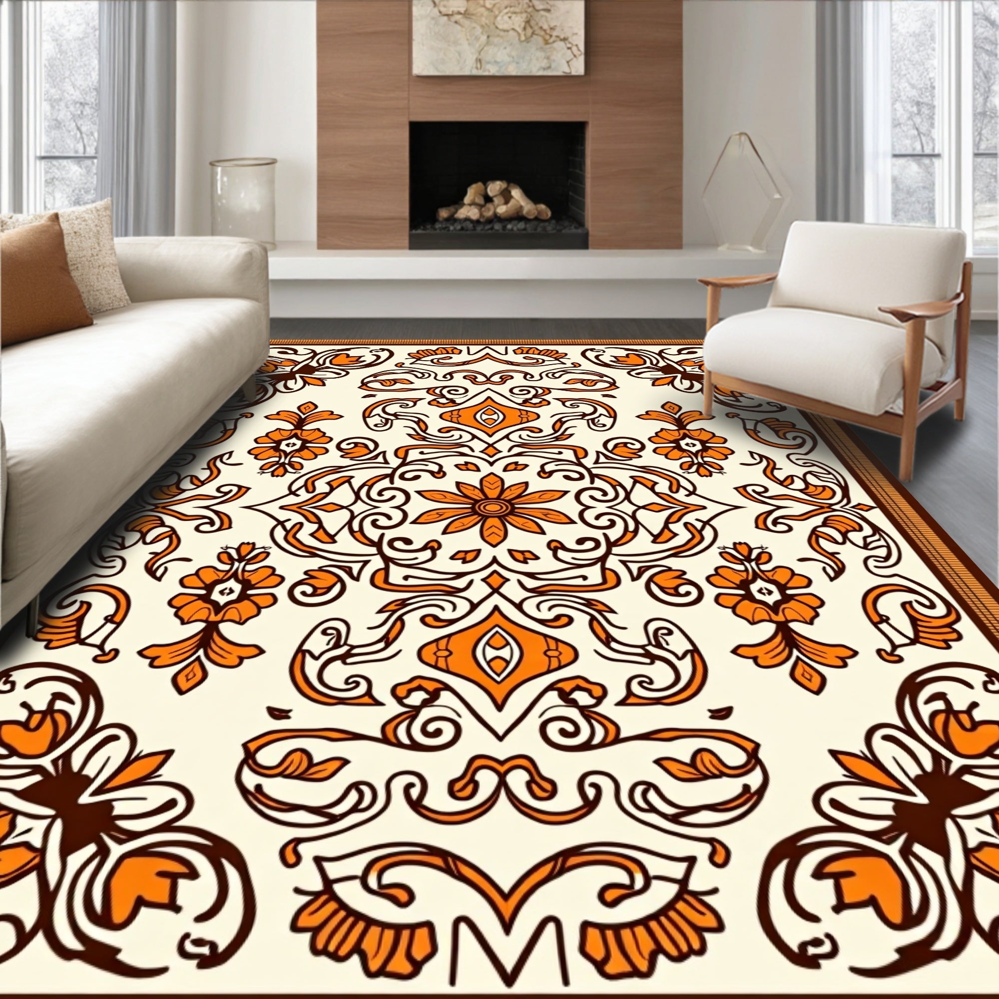 Orange Floral Scrollwork Symmetry Rug