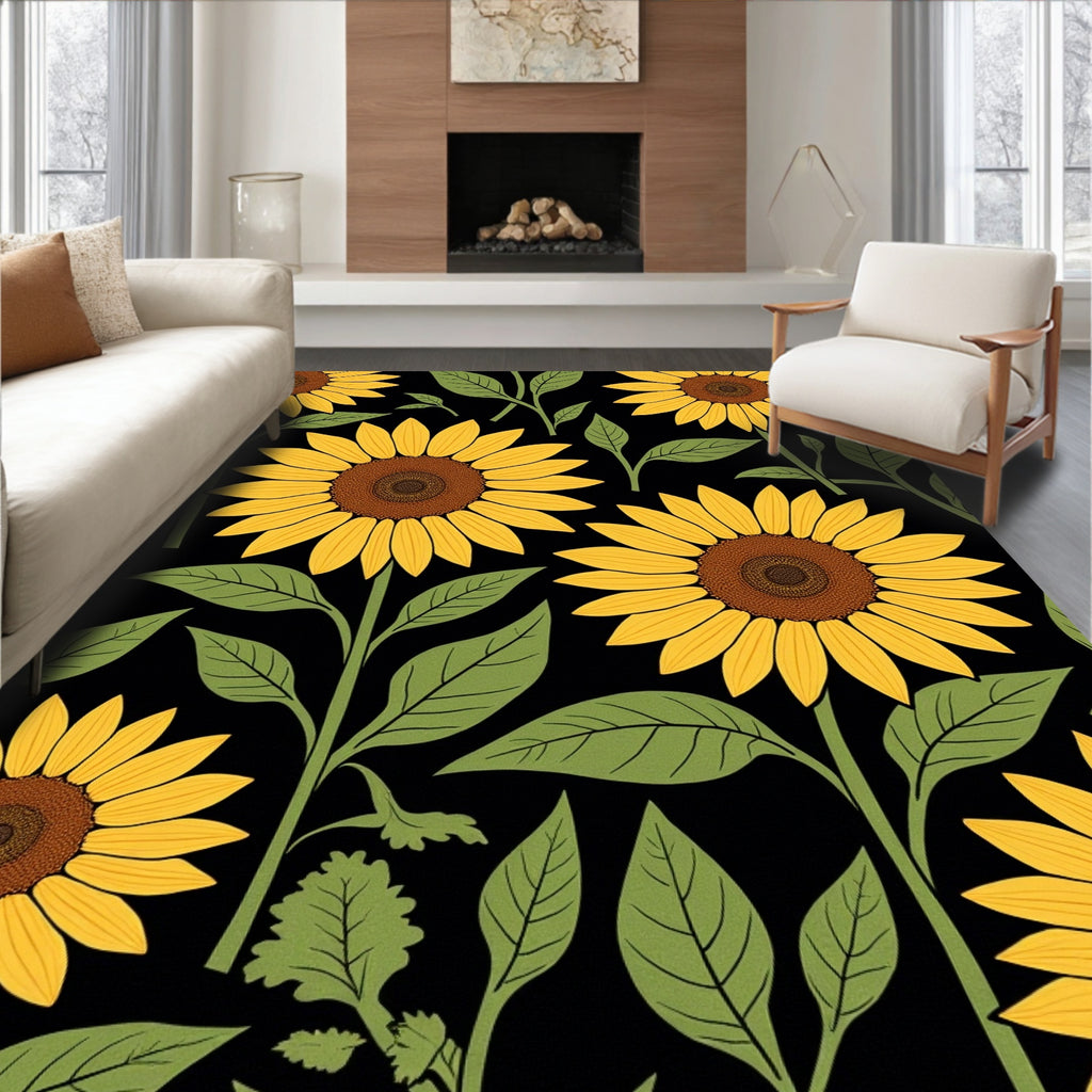 Bold Sunflower Pattern With Green Leaves Rug