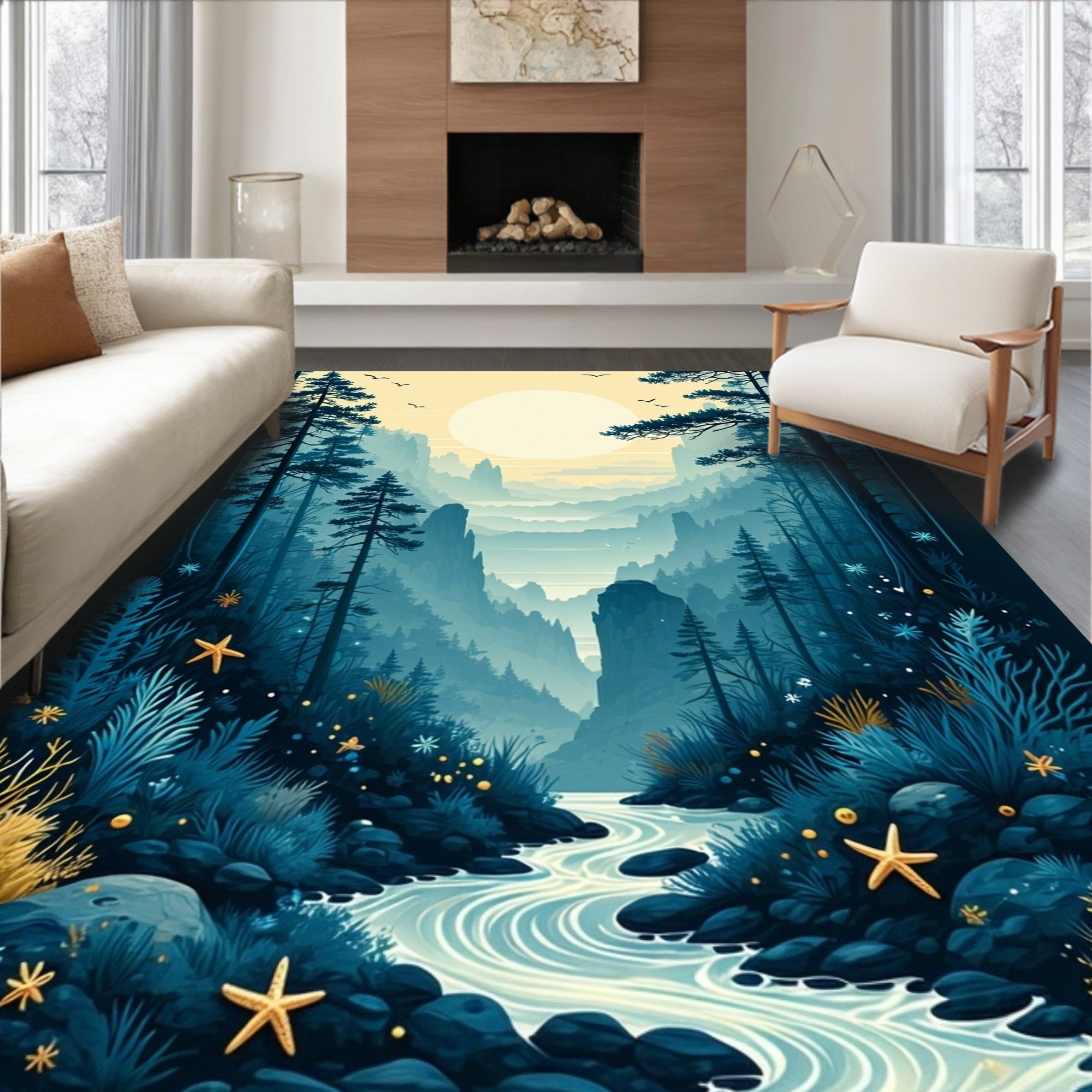 Mysterious Forest River Nature Scene Rug