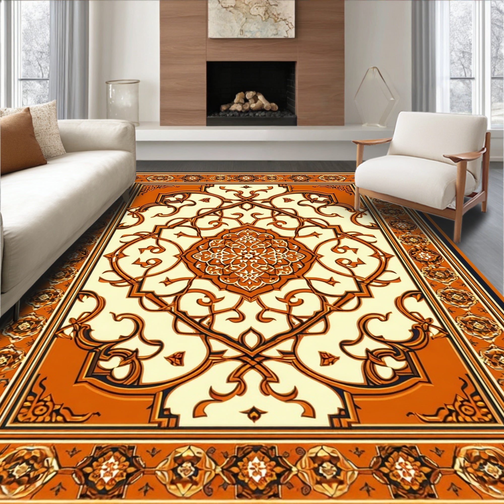 Orange Cream Intricate Floral Pattern Rug