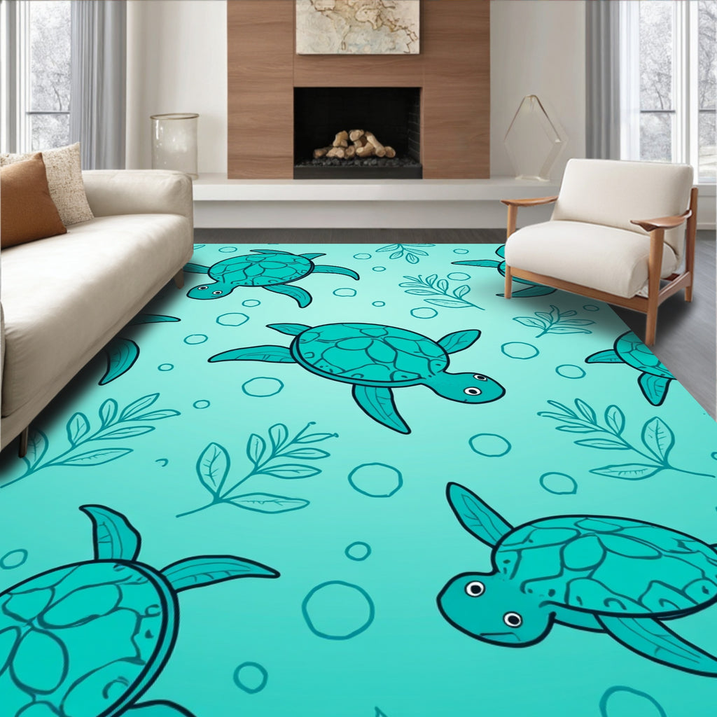 Playful Teal Turtle Seaweed Pattern Rug