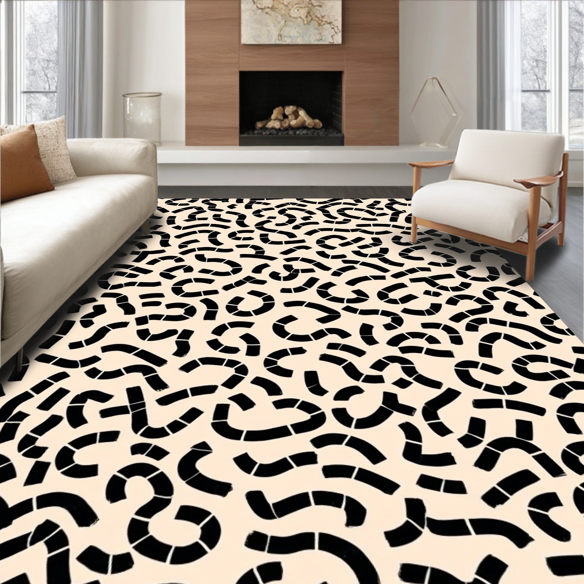 Abstract Black Brushstroke Curve Pattern Rug