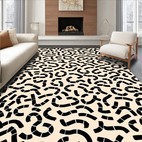 Abstract Black Brushstroke Curve Pattern Rug